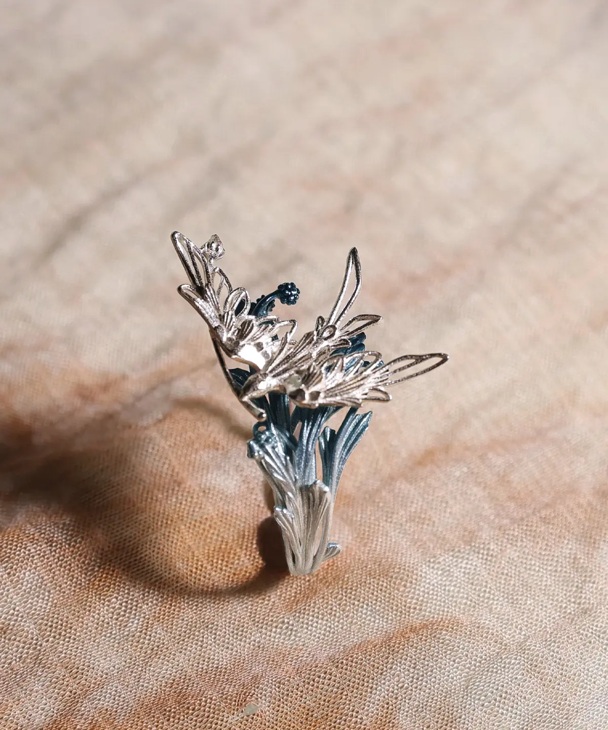 A handmade 925 sterling silver open adjustable statement ring featuring a delicate design of stray birds flying across tree branches, crafted by Lazesoul as natural jewelry with artistic detail.