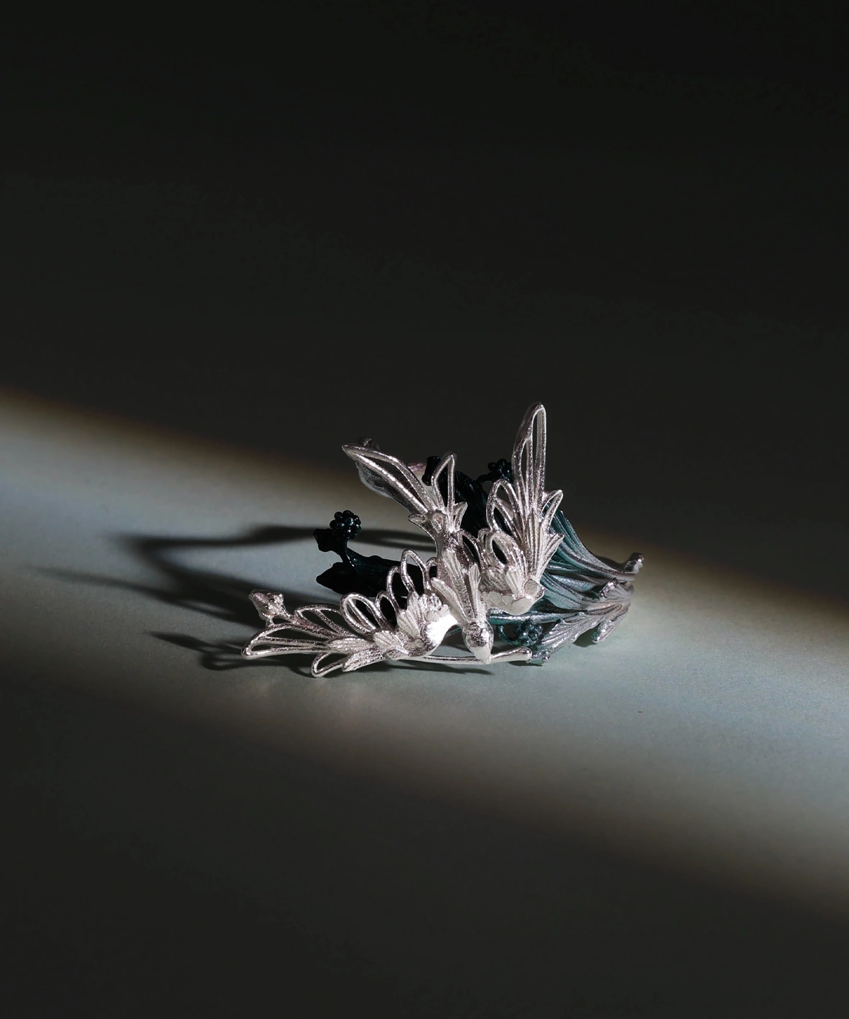 A handmade 925 sterling silver open adjustable statement ring featuring a design of stray birds flying across delicate tree branches, artisan crafted by Lazesoul Natural Jewelry, elegant and nature-inspired.