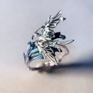 Handmade 925 sterling silver open adjustable statement ring featuring one intricately detailed bird in flight with feathered wings and leaf‑inspired band design, nature‑inspired jewelry by Lazesoul.