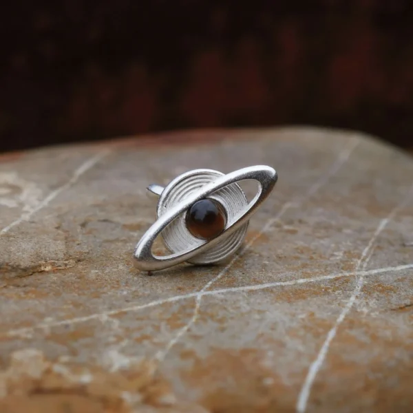 Lazesoul handmade Saturn Earrings in 925 sterling silver with polished tiger’s eye gemstones, designed with orbit-inspired bands that echo Saturn’s rings; celestial artisan earrings blending cosmic elegance, astronomy symbolism, and timeless craftsmanship.