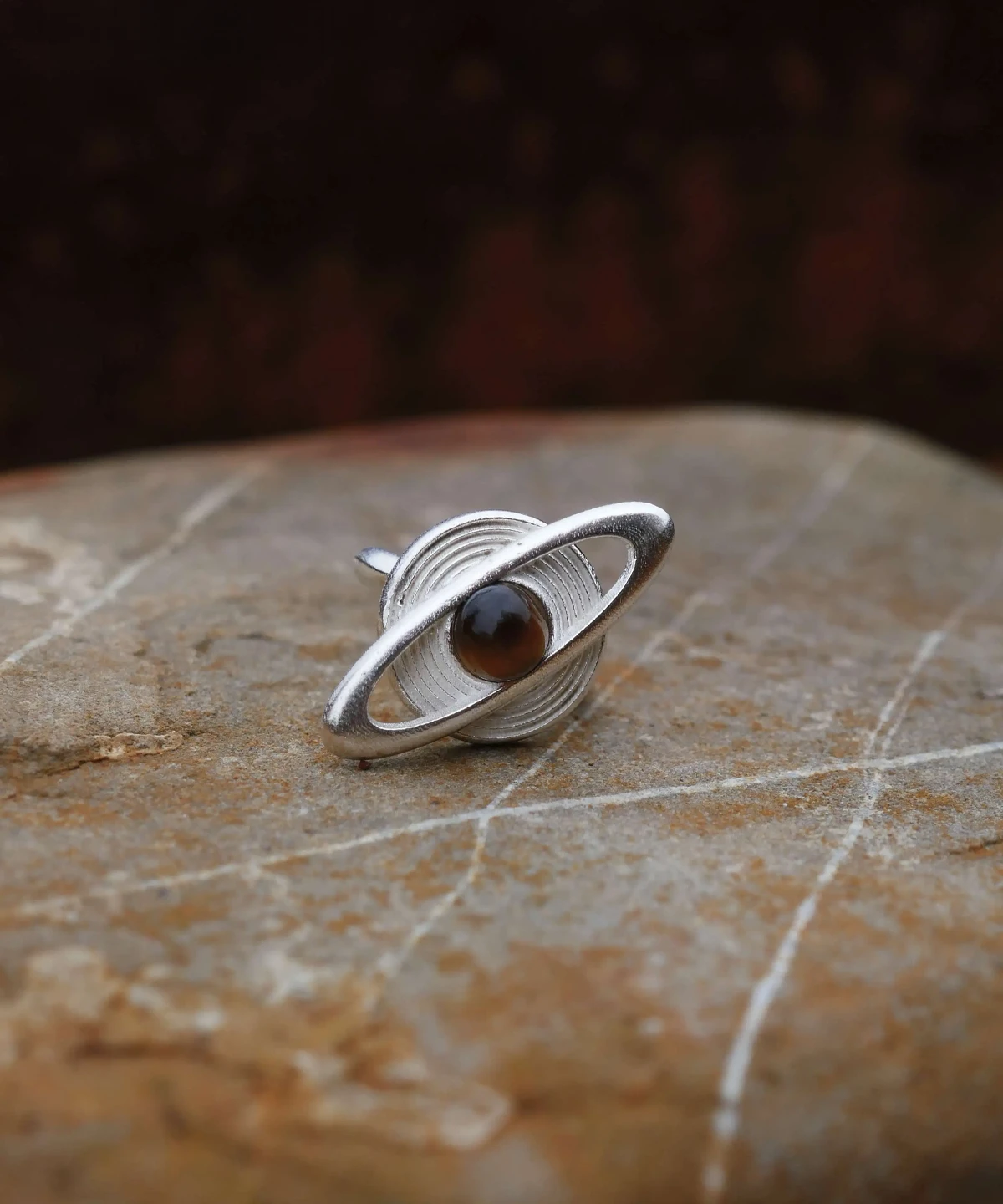 Lazesoul handmade Saturn Earrings in 925 sterling silver with polished tiger’s eye gemstones, designed with orbit-inspired bands that echo Saturn’s rings; celestial artisan earrings blending cosmic elegance, astronomy symbolism, and timeless craftsmanship.