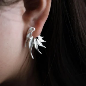 Close‑up of Lazesoul Ethereal Wings S925 Sterling Silver Designer Earrings worn on ear. Handmade art jewelry with flowing, flame‑like curves and sculptural organic design. Unique designer earrings showcasing elegance, craftsmanship, and modern sophistication.