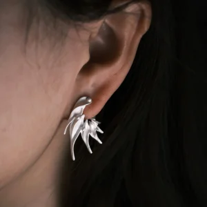 Close‑up of Lazesoul Ethereal Wings S925 Sterling Silver Designer Earrings worn on ear. Handmade art jewelry with flowing, leaf‑like curves and sculptural organic design. Unique designer earrings showcasing elegance, craftsmanship, and timeless style.