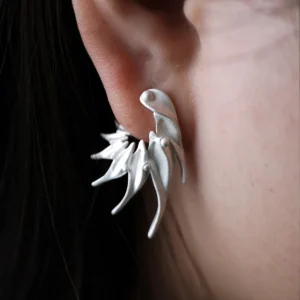 Close‑up of Lazesoul Ethereal Wings S925 Sterling Silver Designer Earrings worn on ear. Handmade art jewelry with flowing, wing‑inspired curves and sculptural organic design. Unique designer earrings showcasing elegance, craftsmanship, and modern style.