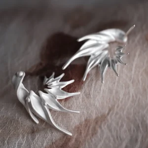 Ethereal Wings S925 Sterling Silver Designer Earrings by Lazesoul. Handmade art jewelry with flowing, wing‑inspired curves, sculptural organic forms, and polished accents. Unique designer earrings for modern elegance and timeless style.