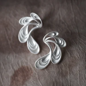 Elegant Sylph Dancer S925 Sterling Silver Handmade Earrings with flowing leaf‑inspired curves, artisan crafted by Lazesoul. Fantasy art jewelry design with organic movement and timeless shine.