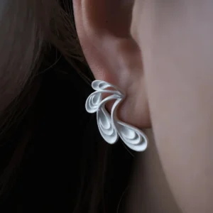 Close‑up of Lazesoul Sylph Dancer S925 Sterling Silver Handmade Earrings worn on ear, featuring sculptural flowing petal design with fantasy‑inspired curves, artisan craftsmanship, and elegant matte silver finish.