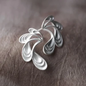 Sylph Dancer S925 Sterling Silver Fantasy Handmade Earrings by Lazesoul. Fluid, petal‑like design with matte finish and subtle ridges, handcrafted artistry that blends elegance, fantasy, and nature‑inspired jewelry design.