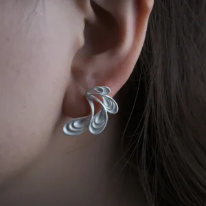 Sylph Dancer S925 Sterling Silver Fantasy Handmade Earrings by Lazesoul. Worn close‑up, the fluid petal‑like design shines against dark hair, showcasing artisan craftsmanship, organic elegance, and fantasy‑inspired artistry in Handmade Earrings.
