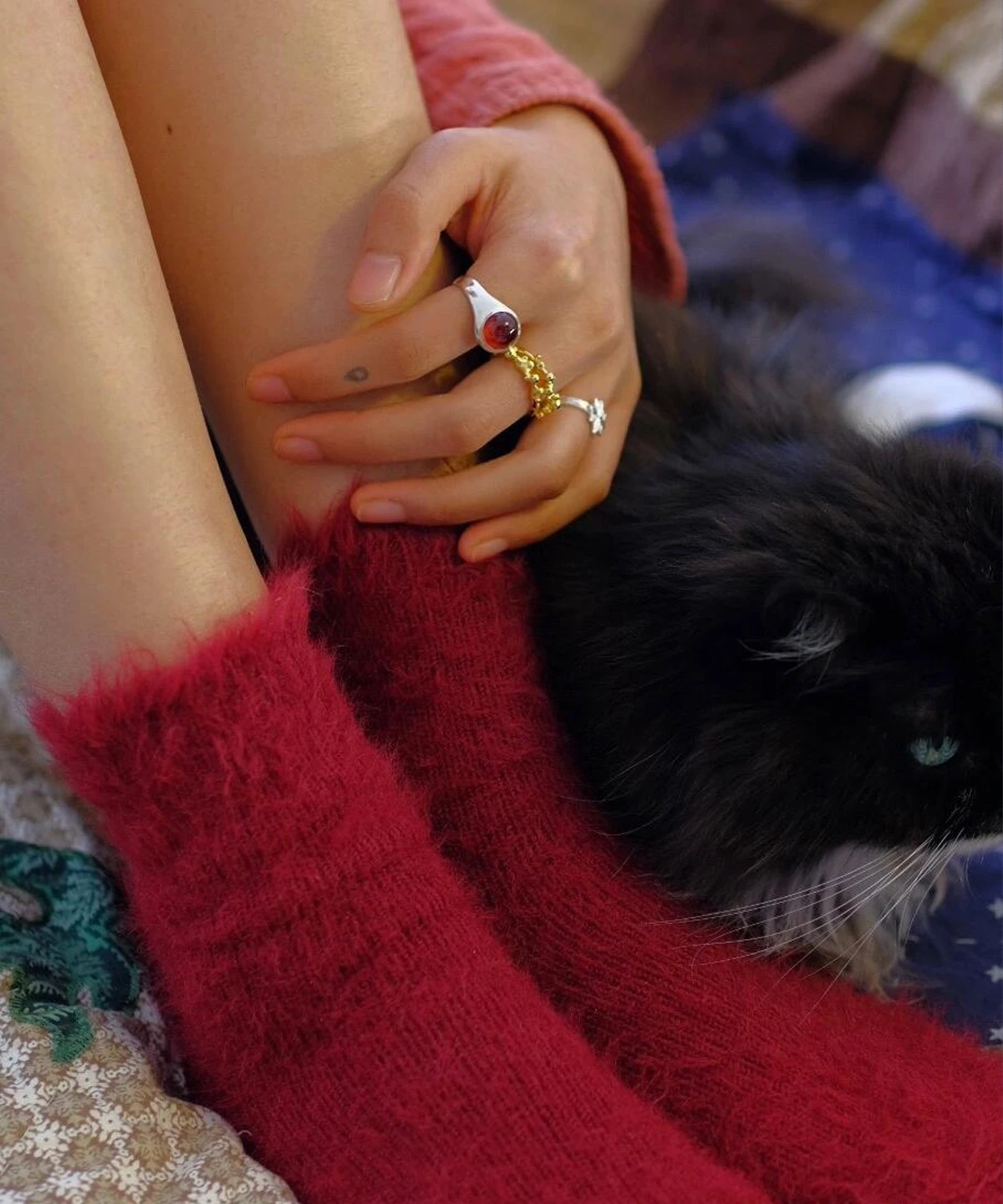 Hand with fuzzy red sock and silver rings, including a January Birthstone Ring with natural garnet, styled with a gold chain ring and charm detail beside a black and white cat.