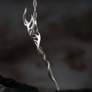 Close-up of Lazesoul Handmade S925 Sterling Silver Spiral Pendant Necklace against a dark background. The spiral pendant features flowing silver curves with organic flame-like shapes and a yellow gemstone at the center, highlighting the elegant spiral necklace design.