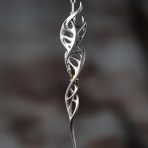 Close-up of Lazesoul Handmade S925 Sterling Silver Spiral Pendant Necklace on chain. The spiral pendant features elongated silver segments with leaf-like cutouts and a green gemstone at the center, highlighting the elegant spiral necklace craftsmanship.