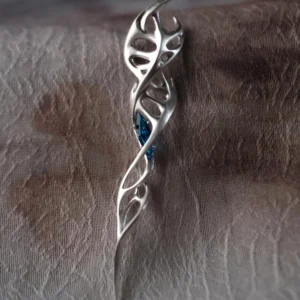 Close-up of Lazesoul Handmade S925 Sterling Silver Spiral Pendant Necklace worn with black clothing. The spiral pendant features a DNA-inspired double helix silver design with polished curves, hanging centrally on the chest. Elegant spiral necklace craftsmanship.