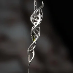 Close-up of Lazesoul Handmade S925 Sterling Silver Spiral Pendant Necklace on textured fabric. The spiral pendant features flowing silver curves with vine-like twists and embedded blue gemstones, highlighting the refined artistry of this elegant spiral necklace.