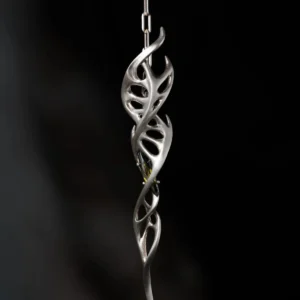 Close-up of Lazesoul Handmade S925 Sterling Silver Spiral Pendant Necklace worn with black clothing. The spiral pendant features a DNA-inspired double helix silver design with polished curves, hanging centrally on the chest. Elegant spiral necklace craftsmanship.