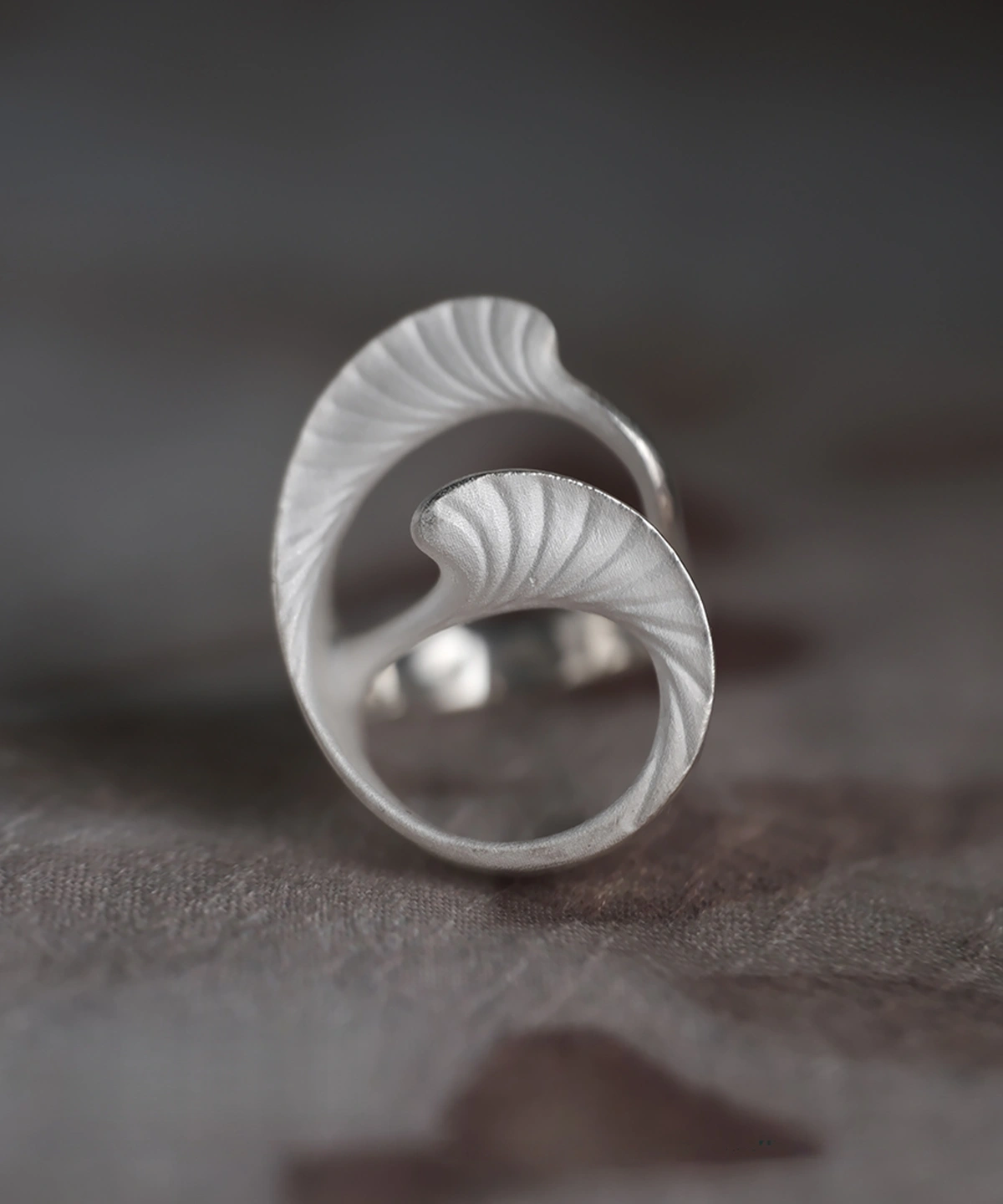 Arc Glow S925 Sterling Silver Ring with intertwined leaf-like design and matte textured surface; a nature-inspired Unique Ring featuring fine vein-like details and sculptural symmetry, styled in close-up view.