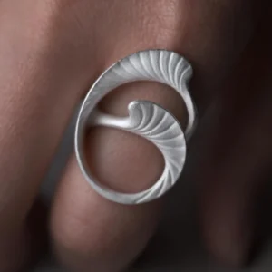 Arc Glow S925 Sterling Silver Ring with sculptural swirling design and textured wave-like surface; a nature-inspired Unique Ring featuring flowing abstract curves, worn on hand and styled against a dark background.