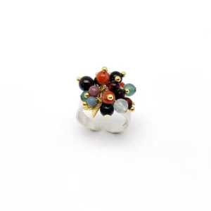 925 Sterling Silver Ring with multicolored Natural Stone beads in black, red, blue, green, and purple, accented with golden spheres and leaf; an open-ended Silver Ring with vibrant bouquet-like design, styled on neutral background.