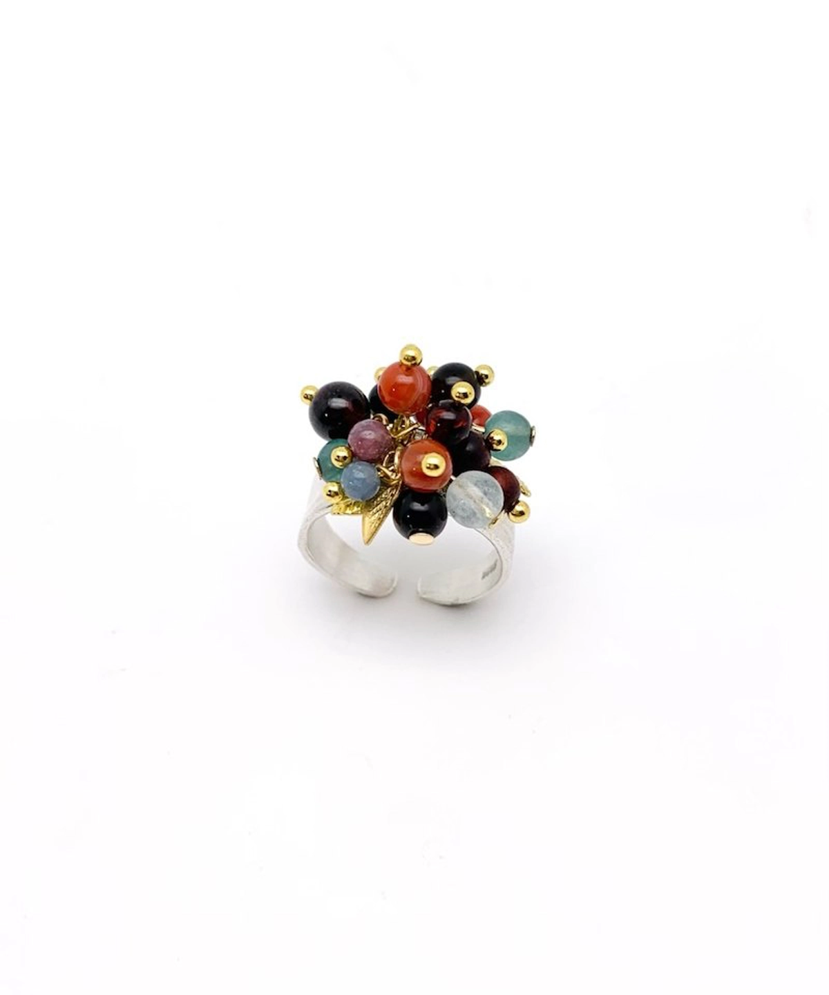 925 Sterling Silver Ring with multicolored Natural Stone beads in black, red, blue, green, and purple, accented with golden spheres and leaf; an open-ended Silver Ring with vibrant bouquet-like design, styled on neutral background.