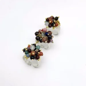 925 Sterling Silver Ring featuring multicolored Natural Stone beads with gold accents and leaf charms; a handcrafted Silver Ring set in a diagonal trio arrangement on white background, showcasing vibrant design and artisanal detail.