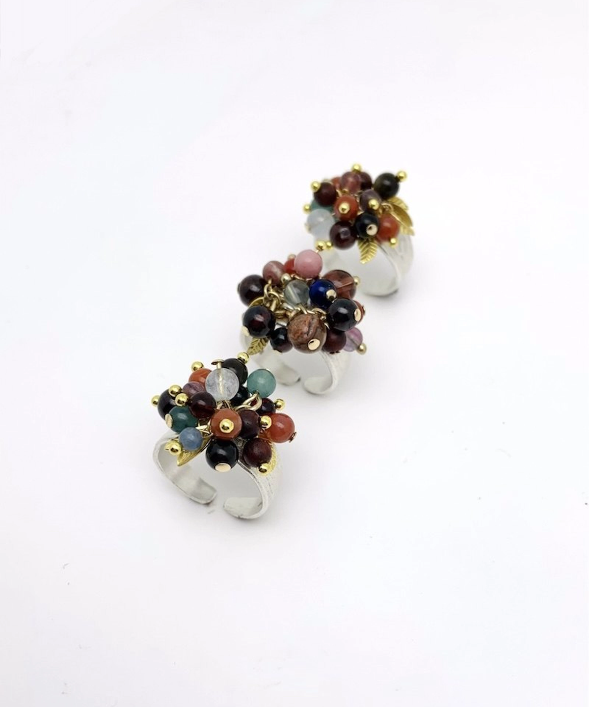 925 Sterling Silver Ring featuring multicolored Natural Stone beads with gold accents and leaf charms; a handcrafted Silver Ring set in a diagonal trio arrangement on white background, showcasing vibrant design and artisanal detail.