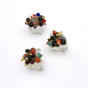 925 Sterling Silver Ring featuring a bouquet of multicolored Natural Stone beads in red, black, blue, green, and translucent white, accented with golden spheres and leaf charms; a handcrafted Silver Ring set in a trio arrangement.
