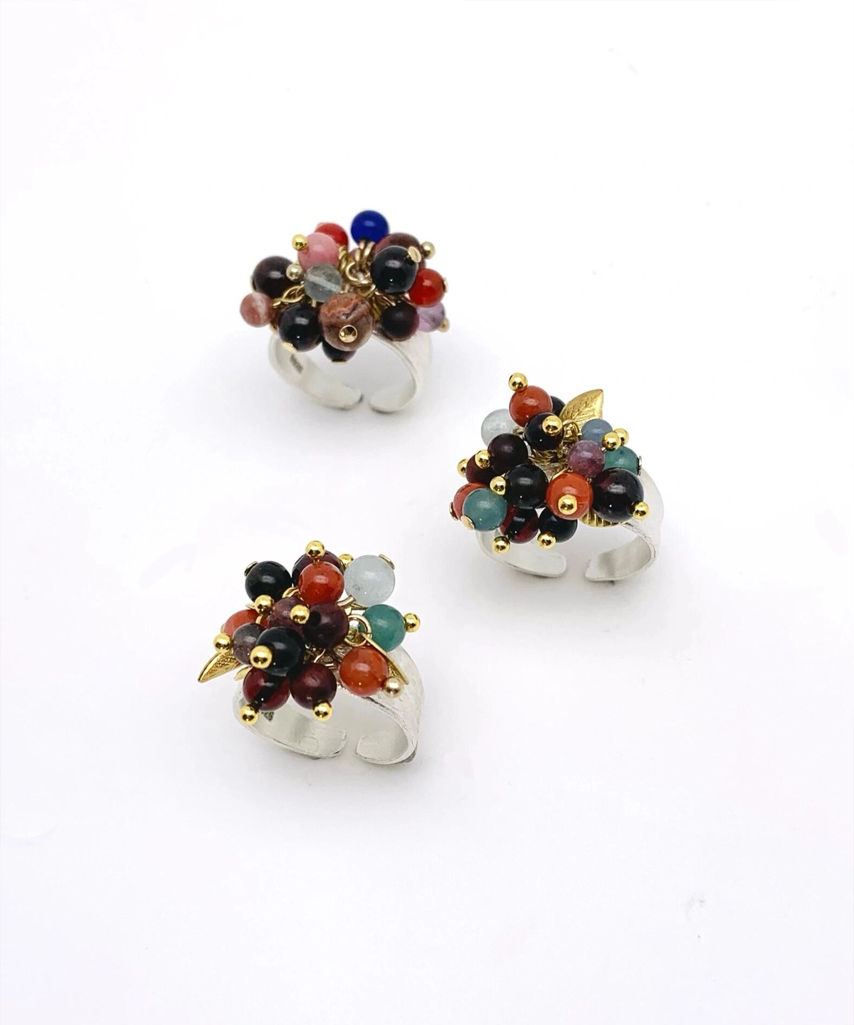 925 Sterling Silver Ring featuring a bouquet of multicolored Natural Stone beads in red, black, blue, green, and translucent white, accented with golden spheres and leaf charms; a handcrafted Silver Ring set in a trio arrangement.