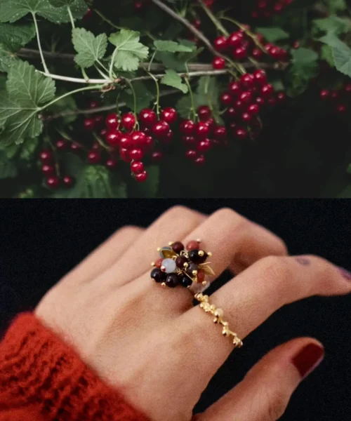 925 Sterling Silver Ring with multicolored Natural Stone beads in red, black, orange, and white, accented with golden leaves and spheres; a handcrafted Silver Ring worn on hand, paired with red currants above for nature-inspired styling.