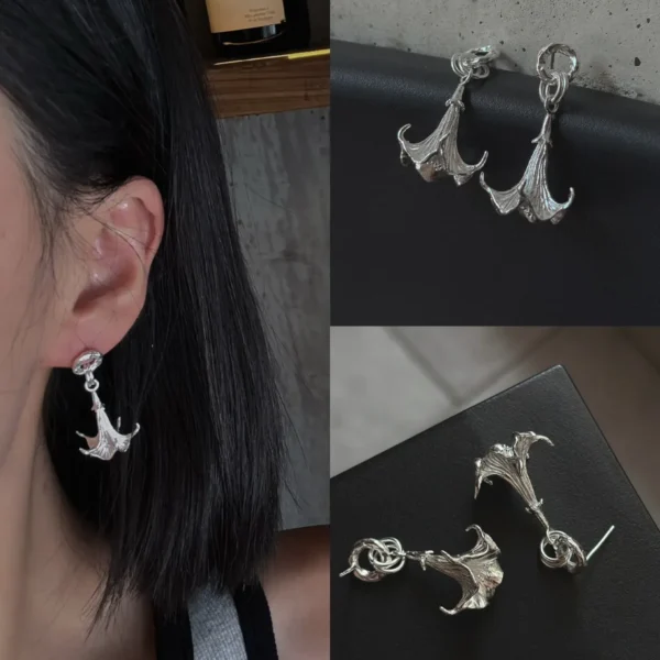 Datura-Handcrafted S925 Sterling Silver Flower Earrings 06 S925 Sterling Silver Datura Flower Earrings with sculptural petal design and organic curves; shown worn on ear and displayed flat, highlighting craftsmanship and botanical elegance in a collage format.