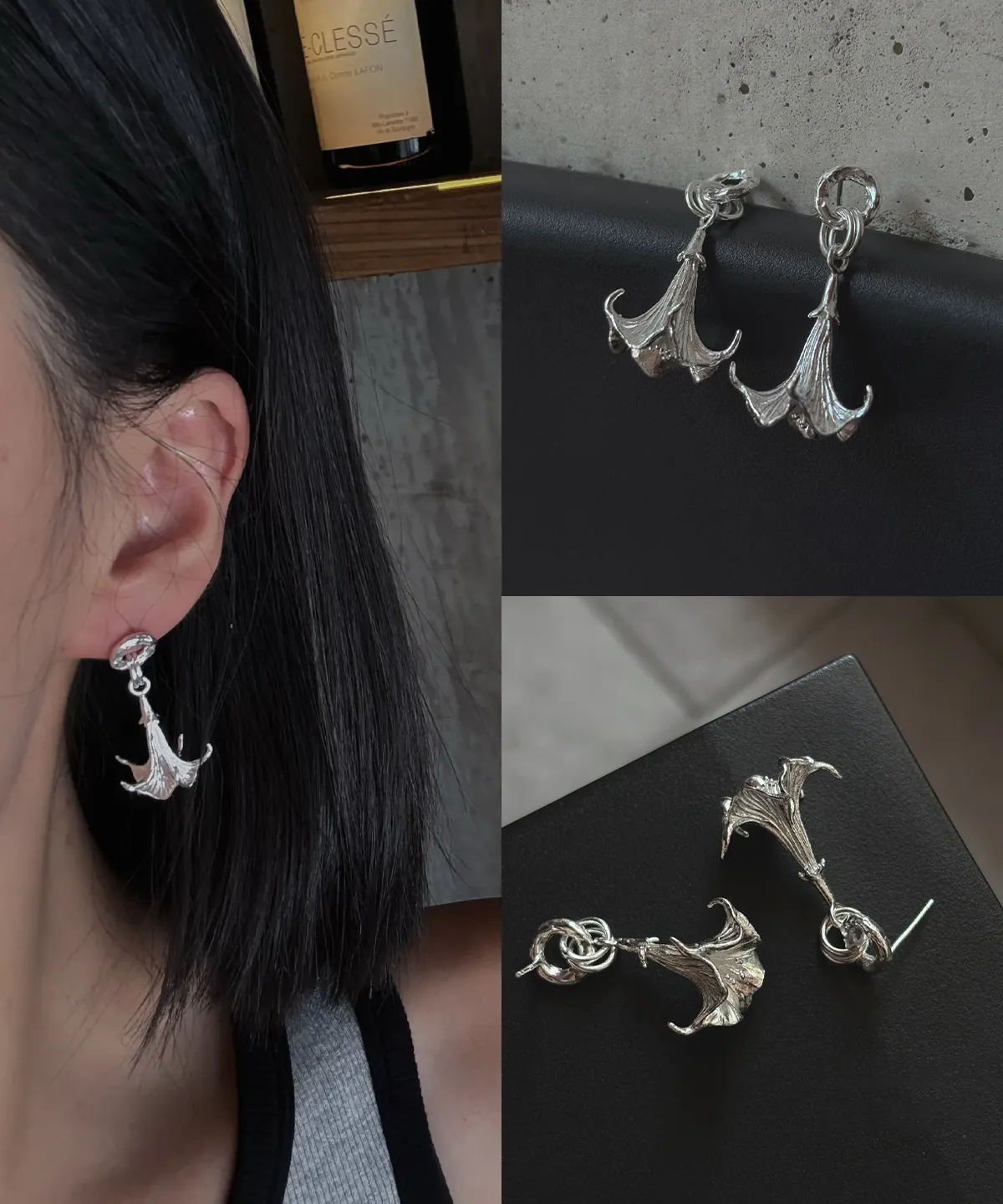 Datura-Handcrafted S925 Sterling Silver Flower Earrings 06 S925 Sterling Silver Datura Flower Earrings with sculptural petal design and organic curves; shown worn on ear and displayed flat, highlighting craftsmanship and botanical elegance in a collage format.