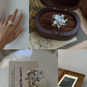 Collage of four views showcasing a Handmade S925 Sterling Silver Lily Ring with sculpted petals and botanical details; includes close-up on hand, wooden ring box, floral sketches, and artistic presentation of this nature-inspired Silver Ring.