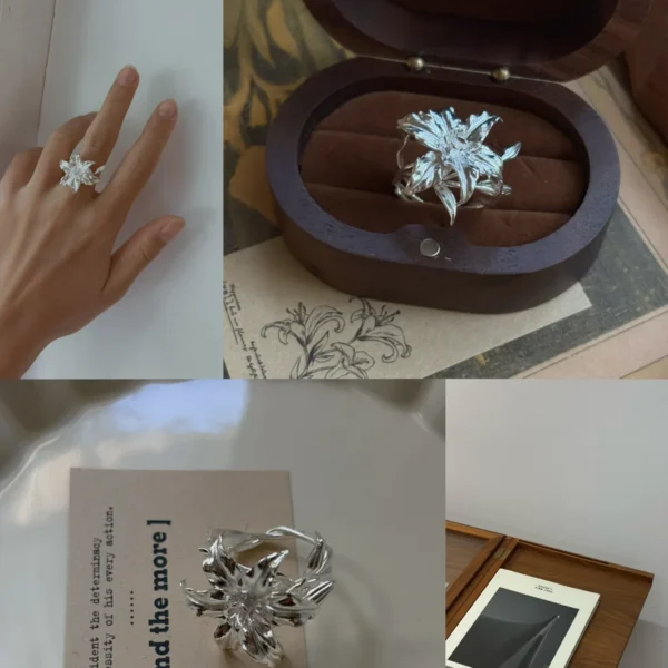 Collage of four views showcasing a Handmade S925 Sterling Silver Lily Ring with sculpted petals and botanical details; includes close-up on hand, wooden ring box, floral sketches, and artistic presentation of this nature-inspired Silver Ring.