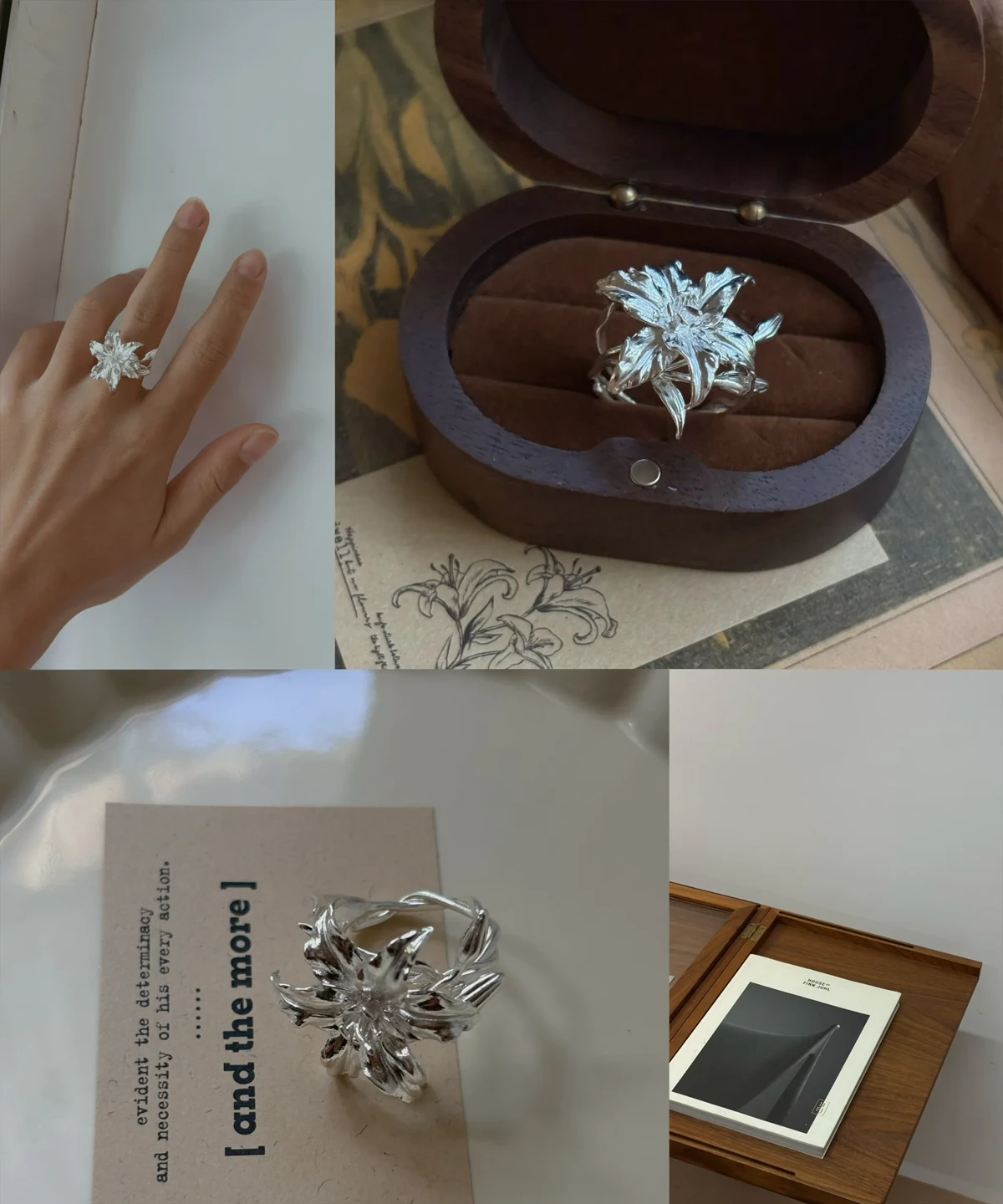 Handmade S925 Sterling Silver Lily Ring 02 Collage of four views showcasing a Handmade S925 Sterling Silver Lily Ring with sculpted petals and botanical details; includes close-up on hand, wooden ring box, floral sketches, and artistic presentation of this nature-inspired Silver Ring.