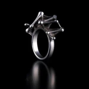 Leaping Orbit Handcrafted 999 Fine Silver Statement Ring with sculptural geometric top design; a bold Silver Statement Ring featuring interconnected rods and rounded ends, styled against a black background for dramatic contrast.