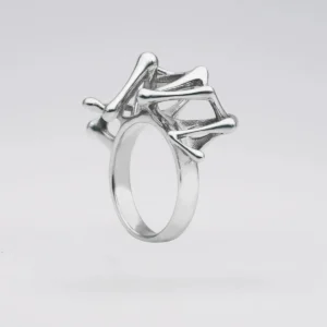 Leaping Orbit Handcrafted 999 Fine Silver Statement Ring with skeletal-inspired sculptural top design; a bold Silver Statement Ring featuring interconnected tubular forms and polished band, styled for avant-garde elegance.