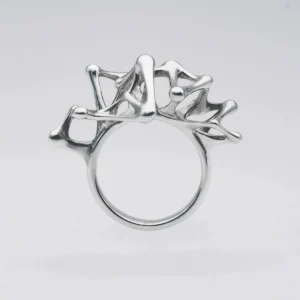 Leaping Orbit Handcrafted 999 Fine Silver Statement Ring with abstract sculptural top design; a modern Silver Statement Ring featuring interconnected organic shapes inspired by molecular and orbital forms.