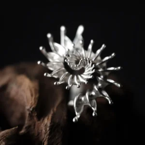 S925 Sterling Silver Spiral Ring Jewelry-Handmade Artistic Statement Ring 01 S925 Sterling Silver Spiral Ring Jewelry with symmetrical petal-like extensions and rounded tips, placed on textured wood against a dark background; bold Statement Ring showcasing sculptural elegance and intricate Silver Ring craftsmanship.