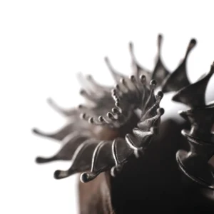 S925 Sterling Silver Spiral Ring Jewelry-Handmade Artistic Statement Ring 03 Close-up of S925 Sterling Silver Spiral Ring Jewelry with symmetrical, radiating petal-like extensions in a stylized sunburst design; bold Statement Ring showcasing intricate geometry and sculptural Silver Ring craftsmanship.