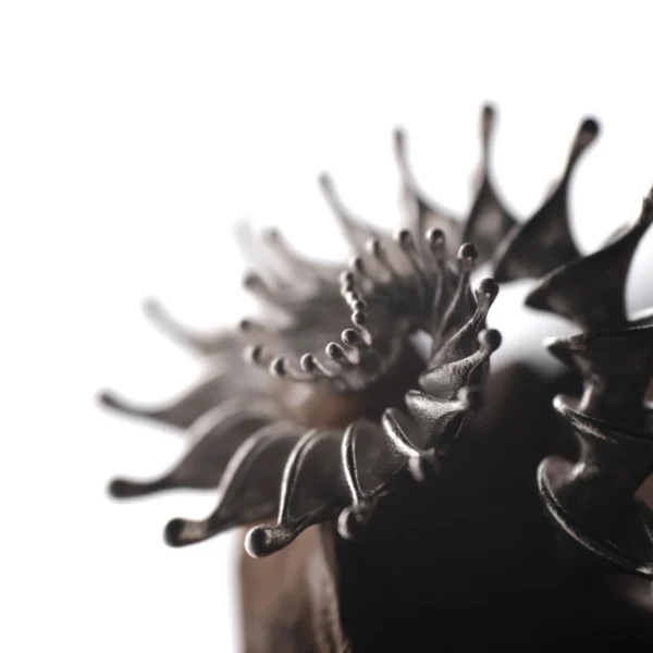 S925 Sterling Silver Spiral Ring Jewelry-Handmade Artistic Statement Ring 03 Close-up of S925 Sterling Silver Spiral Ring Jewelry with symmetrical, radiating petal-like extensions in a stylized sunburst design; bold Statement Ring showcasing intricate geometry and sculptural Silver Ring craftsmanship.