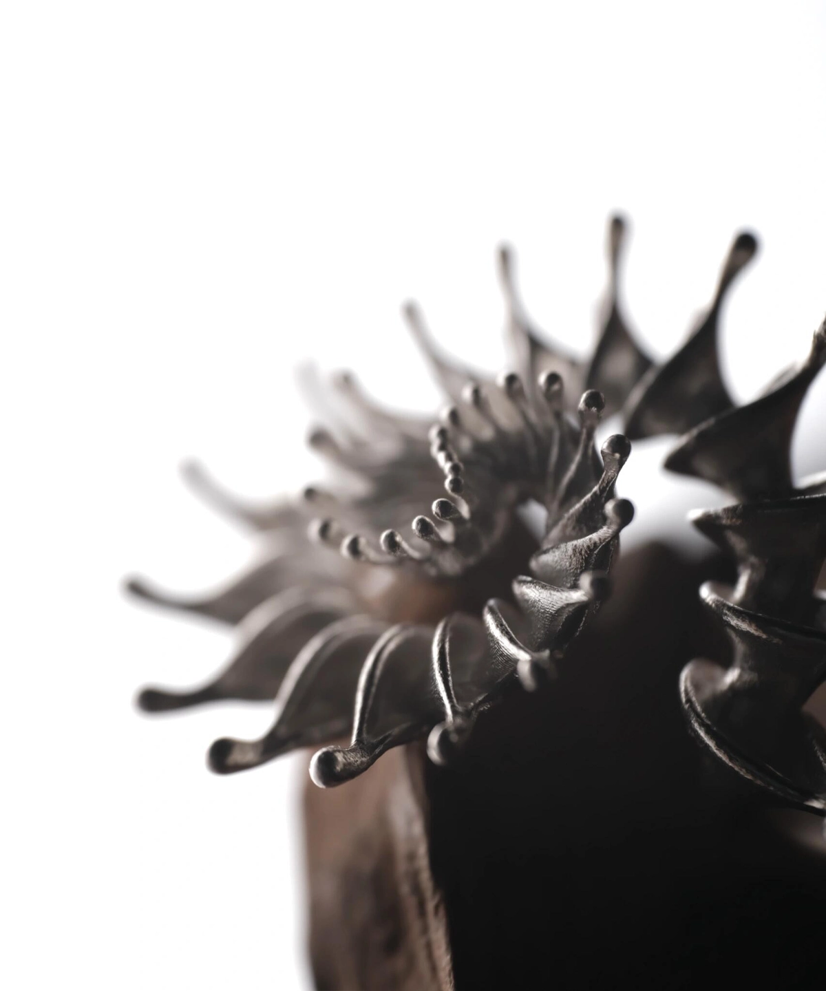 S925 Sterling Silver Spiral Ring Jewelry-Handmade Artistic Statement Ring 03 Close-up of S925 Sterling Silver Spiral Ring Jewelry with symmetrical, radiating petal-like extensions in a stylized sunburst design; bold Statement Ring showcasing intricate geometry and sculptural Silver Ring craftsmanship.