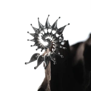 S925 Sterling Silver Spiral Ring Jewelry-Handmade Artistic Statement Ring 04 Close-up of a metallic S925 Sterling Silver Spiral Ring Jewelry with radiating petal-like extensions in a stylized sunburst design, mounted on a dark textured surface; bold Statement Ring showcasing sculptural elegance and intricate Silver Ring craftsmanship.