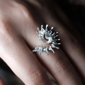 S925 Sterling Silver Spiral Ring Jewelry-Handmade Artistic Statement Ring 05 Close-up of a hand wearing a S925 Sterling Silver Spiral Ring Jewelry with radiating petal-like extensions in a stylized sunburst design; bold Statement Ring showcasing intricate craftsmanship and sculptural Silver Ring elegance.
