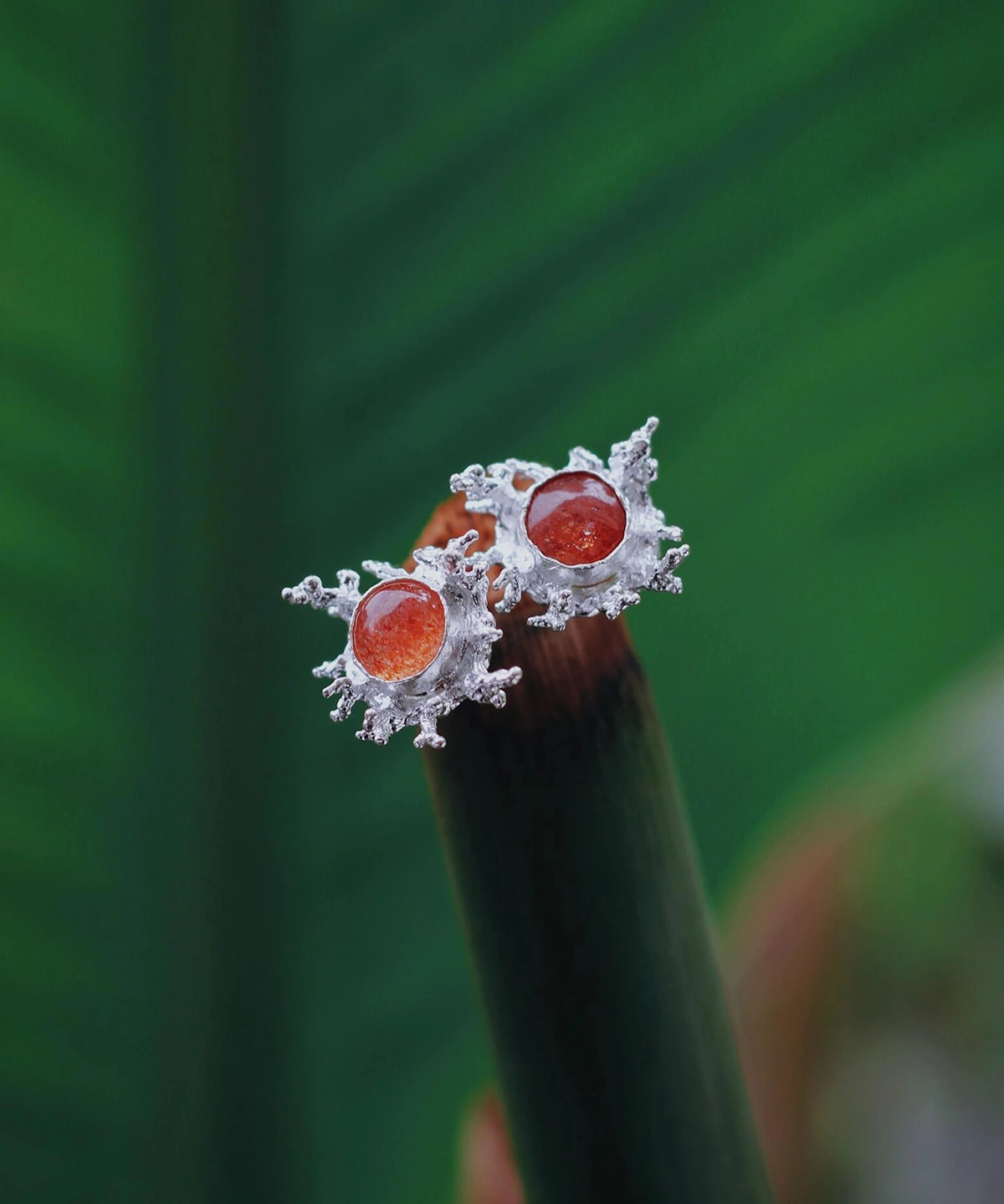 Sunstone Stud Earrings in S925 Sterling Silver with splash-inspired silverwork and warm amber gemstones; styled on plant stem tip against green leaf backdrop to highlight handcrafted detail and organic elegance.