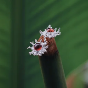 Natural Garnet Stud Earrings in S925 Sterling Silver with splash-inspired silverwork and reddish-brown gemstones; styled on plant stem tip against green leaf backdrop to highlight organic elegance and handcrafted artistry.