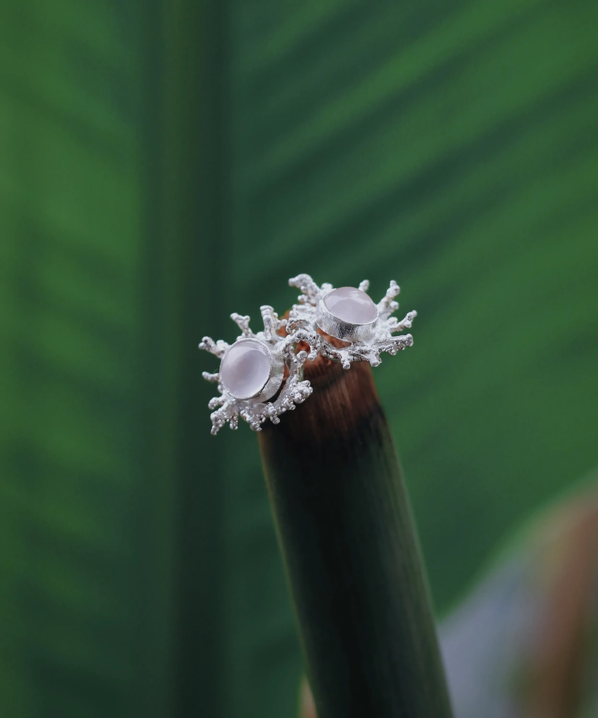 White Agate Stud Earrings in S925 Sterling Silver with splash-inspired silverwork and translucent white gemstones; styled on plant stem tip against green leaf backdrop to highlight organic elegance and handcrafted artistry.