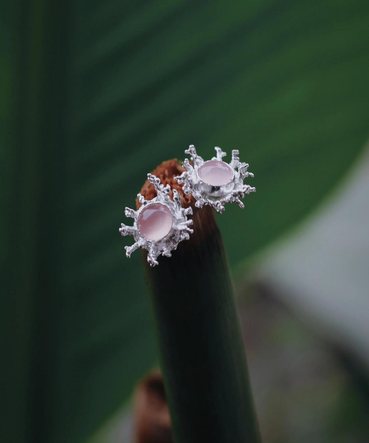 Pink Agate Stud Earrings in S925 Sterling Silver with splash-inspired silverwork and soft pink gemstones; styled on green plant stem against leafy backdrop to highlight organic elegance and handcrafted artistry.