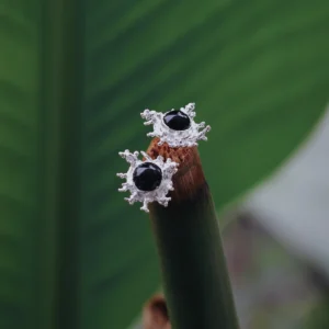 Black Agate Stud Earrings in S925 Sterling Silver with splash-inspired silverwork and central black gemstones; styled on bamboo stalk tip against lush green leaves to highlight organic elegance and gemstone contrast.