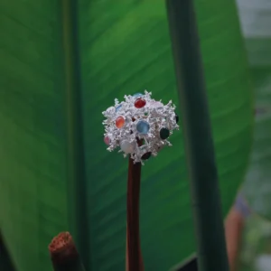 Gemstone Stud Earrings in S925 Sterling Silver with organic splash-inspired design and multicolored stones; decorative piece mounted on plant stem, styled against lush green leaves for vibrant contrast and natural elegance.