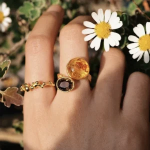 Gold Plated S925 Sterling Silver Amber Ring with Dual Gemstones