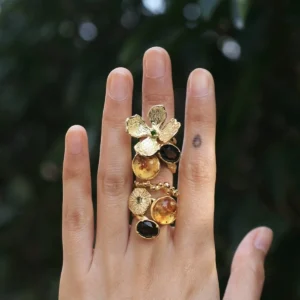 Gold Plated S925 Sterling Silver Amber Ring with Dual Gemstones 02 Hand holding a gold toned Amber Ring with dual gemstones and organic floral details, shown against soft green foliage.